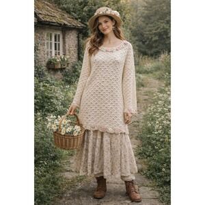 Cottage Boho Coquette Cream Pink Roses Y2K Handmade CrochetKnit Tunic S Sweater